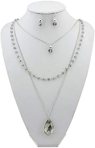 Bocar 3 Layer Jewelry Set Long Chain Pendant Bead Necklace Earring for Women in Saudi Arabia