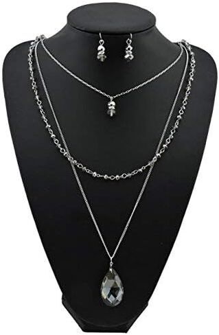 Bocar 3 Layer Jewelry Set Long Chain Pendant Bead Necklace Earring for Women in Saudi Arabia