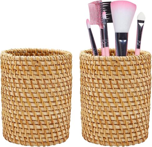 2 Pack Rattan Pencil Holder Handmade Pen Organizer Boho Desk Accessories Pen Cup Holder Desk Accessories Aesthetic Holder for Desk Desk Cute in Saudi Arabia