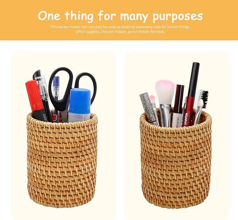 2 Pack Rattan Pencil Holder Handmade Pen Organizer Boho Desk Accessories Pen Cup Holder Desk Accessories Aesthetic Holder for Desk Desk Cute in Saudi Arabia