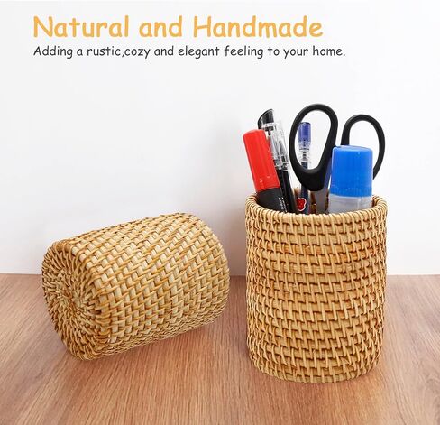 2 Pack Rattan Pencil Holder Handmade Pen Organizer Boho Desk Accessories Pen Cup Holder Desk Accessories Aesthetic Holder for Desk Desk Cute in Saudi Arabia