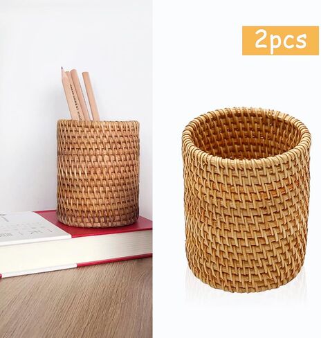 2 Pack Rattan Pencil Holder Handmade Pen Organizer Boho Desk Accessories Pen Cup Holder Desk Accessories Aesthetic Holder for Desk Desk Cute in Saudi Arabia