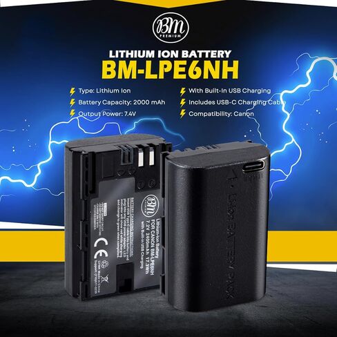 BM Premium LP-E6NH Battery with Built-in USB-C Charging Port for Canon EOS R, EOS R5, EOS R6, EOS R6 II, EOS R7, EOS 90D, EOS 60D, EOS 70D, EOS 80D, EOS 5D IV, EOS 6D II, EOS 7D, EOS 7D II Cameras in Saudi Arabia