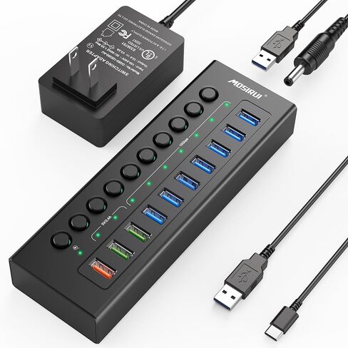 Powered USB 3.2 Hub 10Gbps, 10-Ports USB Hub with 7×USB 3.2 Ports, 3×Fast Charging Ports, 36W Power Adapter, Individual On/Off Switches and 2 USB Cable 3.3ft, Aluminum USB Hub Powered for Laptops, PC in Saudi Arabia