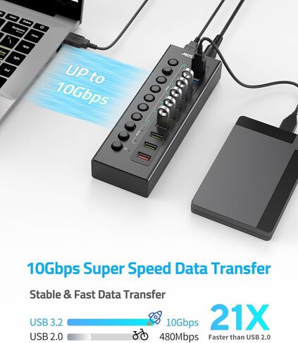 Powered USB 3.2 Hub 10Gbps, 10-Ports USB Hub with 7×USB 3.2 Ports, 3×Fast Charging Ports, 36W Power Adapter, Individual On/Off Switches and 2 USB Cable 3.3ft, Aluminum USB Hub Powered for Laptops, PC in Saudi Arabia