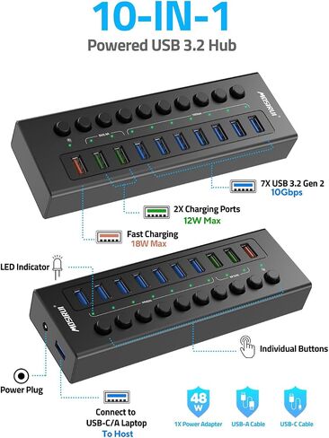 Powered USB 3.2 Hub 10Gbps, 10-Ports USB Hub with 7×USB 3.2 Ports, 3×Fast Charging Ports, 36W Power Adapter, Individual On/Off Switches and 2 USB Cable 3.3ft, Aluminum USB Hub Powered for Laptops, PC in Saudi Arabia