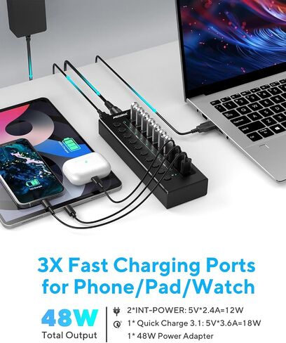 Powered USB 3.2 Hub 10Gbps, 10-Ports USB Hub with 7×USB 3.2 Ports, 3×Fast Charging Ports, 36W Power Adapter, Individual On/Off Switches and 2 USB Cable 3.3ft, Aluminum USB Hub Powered for Laptops, PC in Saudi Arabia