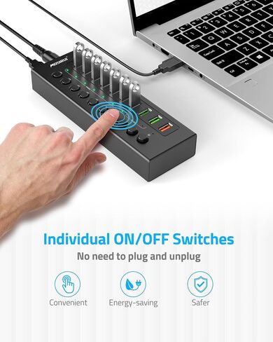 Powered USB 3.2 Hub 10Gbps, 10-Ports USB Hub with 7×USB 3.2 Ports, 3×Fast Charging Ports, 36W Power Adapter, Individual On/Off Switches and 2 USB Cable 3.3ft, Aluminum USB Hub Powered for Laptops, PC in Saudi Arabia