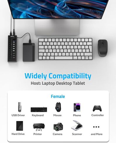 Powered USB 3.2 Hub 10Gbps, 10-Ports USB Hub with 7×USB 3.2 Ports, 3×Fast Charging Ports, 36W Power Adapter, Individual On/Off Switches and 2 USB Cable 3.3ft, Aluminum USB Hub Powered for Laptops, PC in Saudi Arabia