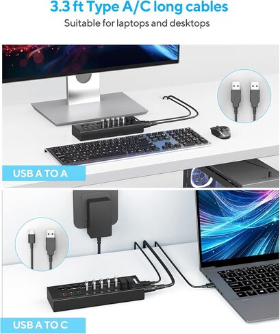 Powered USB 3.2 Hub 10Gbps, 10-Ports USB Hub with 7×USB 3.2 Ports, 3×Fast Charging Ports, 36W Power Adapter, Individual On/Off Switches and 2 USB Cable 3.3ft, Aluminum USB Hub Powered for Laptops, PC in Saudi Arabia