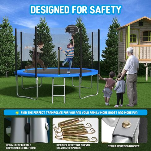 Tranpoline 1500LBS 16 FT Tranpoline لـ 7-10 أطفال وكبار، Tranpoline خارجي مقاوم للرياح مع شبكة مغلقة، طوق كرة السلة، سهل التركيب ويدوم لفترة طويلة - معتمد من ASTM in Kuwait