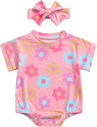DuAnyozu Newborn Baby Girls Clothes Floral Short Sleeve Rompers Summer Bodysuit Cute Outfits Infant Clothing with Headband in Saudi Arabia