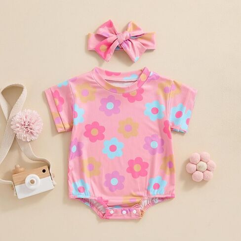 DuAnyozu Newborn Baby Girls Clothes Floral Short Sleeve Rompers Summer Bodysuit Cute Outfits Infant Clothing with Headband in Saudi Arabia