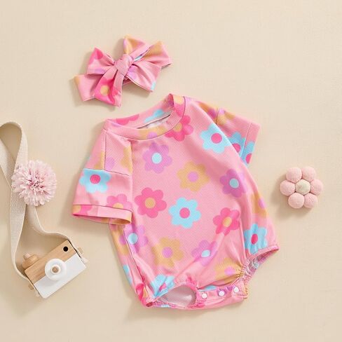 DuAnyozu Newborn Baby Girls Clothes Floral Short Sleeve Rompers Summer Bodysuit Cute Outfits Infant Clothing with Headband in Saudi Arabia