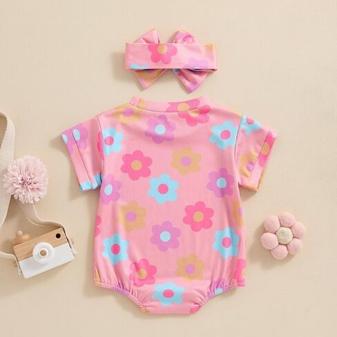 DuAnyozu Newborn Baby Girls Clothes Floral Short Sleeve Rompers Summer Bodysuit Cute Outfits Infant Clothing with Headband in Saudi Arabia