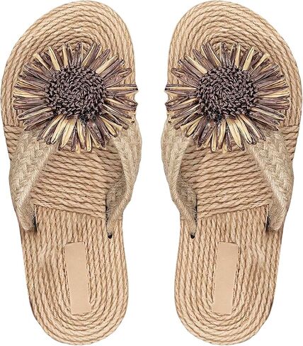 SHENHE Women's Flower Decor Summer Linen Flip Flops Beach Vacation Flat Sandals in Saudi Arabia