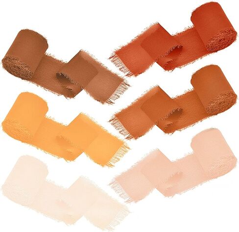 Chiffon Ribbon 6 Rolls Handmade Fringe Chiffon Silk Ribbon 1.5" x 3Yard Burnt Orange Ribbon Frayed Edges Boho Fabric Ribbon for Gift Wrapping Wedding Invitations Bridal Bouquets DIY Craft in Kuwait