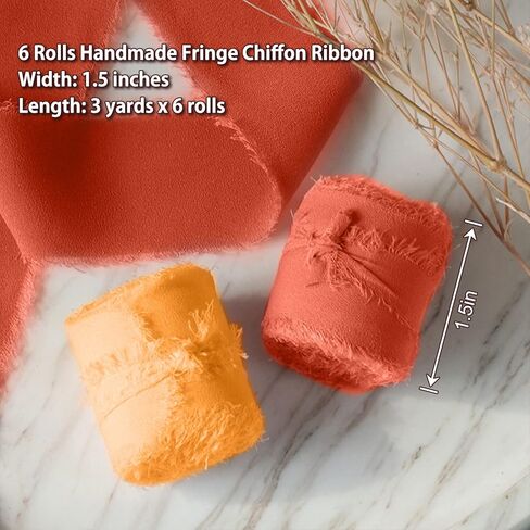 Chiffon Ribbon 6 Rolls Handmade Fringe Chiffon Silk Ribbon 1.5" x 3Yard Burnt Orange Ribbon Frayed Edges Boho Fabric Ribbon for Gift Wrapping Wedding Invitations Bridal Bouquets DIY Craft in Kuwait