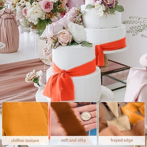 Chiffon Ribbon 6 Rolls Handmade Fringe Chiffon Silk Ribbon 1.5" x 3Yard Burnt Orange Ribbon Frayed Edges Boho Fabric Ribbon for Gift Wrapping Wedding Invitations Bridal Bouquets DIY Craft in Kuwait