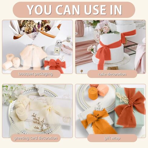 Chiffon Ribbon 6 Rolls Handmade Fringe Chiffon Silk Ribbon 1.5" x 3Yard Burnt Orange Ribbon Frayed Edges Boho Fabric Ribbon for Gift Wrapping Wedding Invitations Bridal Bouquets DIY Craft in Kuwait