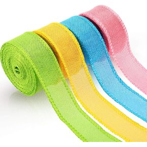 4 Rolls Easter Burlap Wired Ribbons, Solid Wired Edge Ribbon, Wrapping Burlap Ribbon, Burlap Wired Ribbon for Wreaths Home Decor DIY Crafts (Blue, Light Green, Light Yellow, Pink,1-1/2 Inch)
