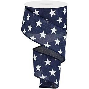 Craig Bachman Stars Wired Edge Ribbon - 10 Yards (Navy Blue, White, 2.5")