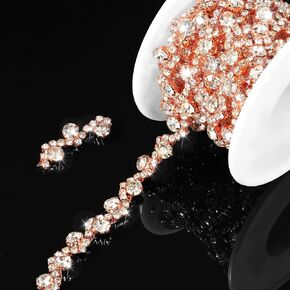 Kigeli Bling Rhinestone Trim Crystal Rhinestone Chain Applique Rhinestone Applique Sewing Embellishments for DIY Dress Clothing Wedding Crafts Bridal Jewelry, 0.39 Inch Wide (Rose Gold,3 Yards)