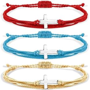 COLORFUL BLING 12 Pieces Cross Bracelet for Women and Men Adjustable Braided Stainless Steel Corss Multicolor Rope String Handmade Christian Lucky Protection Religious Faith Jewelry