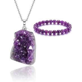 Jovivi Bundle of Amethyst Cluster Crystal Necklace and Amethyst Crystal Bracelet Set for Women Men