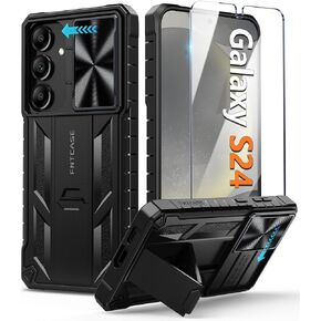 FNTCASE for Samsung-Galaxy S24 Protective Case: Military Grade Dropproof Cell Phone Cover with Kickstand & Slide | Heavy Duty Rugged Phonecase Bumper Textured | Heavy Duty Protector(Black)