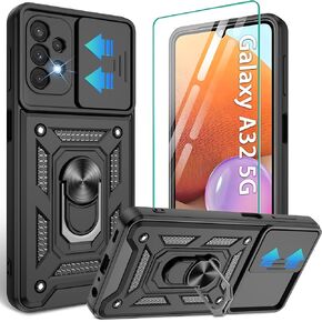 Galaxy A32 5G Case, Samsung Galaxy A32 5G Case with HD Screen Protector, Heavy Duty Shockproof Phone Cover with Magnetic Kickstand Ring for Galaxy A32 5G, Black