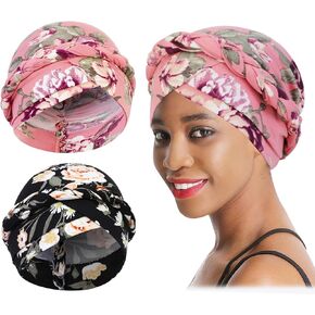 2 Pieces Women Printed Turban Hat, Chemo Headwear Twisted Braid Headwrap Hats Pre-Tied Head Wraps Covers for Women Chemo Cancer Beanies Hair Cover Sleep Cap Pink, Black