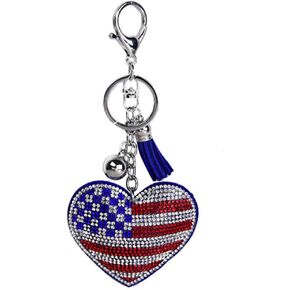Teensery 2 Pcs Sparkling Heart Shaped Rhinestone American Flag Pendant with Tassel Keychain for Purse Cars Decoration
