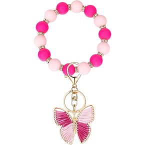 Silicone Beaded Bangle Key Ring With Butterfly Pendant Wristlet Bracelet Keychain For Women Girls