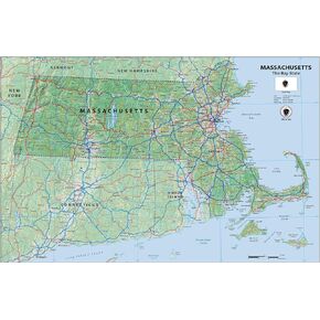 Physical State Poster Map of Massachusetts - 23.3 x 16.5 Inches - Paper Laminated
