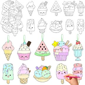 Ice Cream Coloring Craft - 83PCS Summer Ice Cream Themed Party Activities Game Kits for Kids, Color Your Own DIY Desserts Art Cards Hanging Ornament, Draw Paper Book School Activity Party Favor