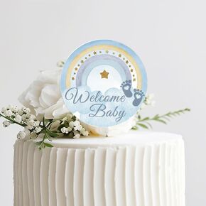 Welcome Baby Boy Cake Topper, Round Acrylic Cake Toppers Baby Shower Cake Decoration Baby Baptism Birthday Party Cake Decorations New Baby Gender Reveal Party Cake Topper Acrylic Blue in Kuwait