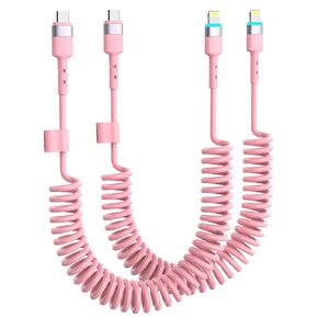 Coiled USB C to Lightning Charging Cable, 2 Pack Stretch iPhone Charger PD Fast Charging Cord for Carplay, [Apple MFi Certified] Pink Chubby Cable for iPhone 14/13/12/11 Pro Max/XR/XS/X/8/7/iPad
