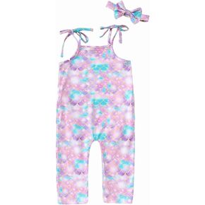 Ritatte Toddler Baby Girl Jumpsuit Sleeveless Adjustable Tie-Up Strap Romper with Pocket Headband Kid One Piece Summer Outfit