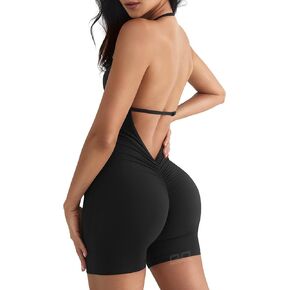 QOQ Workout Jumpsuits for Women Sexy V Neck Backless One Piece Bodycon Scrunch Butt Yoga Rompers