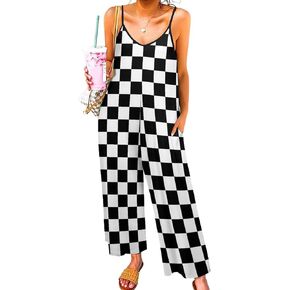 Black White Race Checkered Flag Pattern Womens Suspender Jumpsuits Sleeveless Straps Casual Loose Overalls