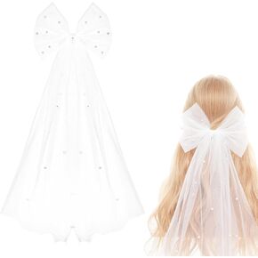 Wedding Bow-Knot Veil White Pearl Hair Clip Bridal Veils Bachelorette Party Hair Accessories for Women and Girls Bridal Shower Gift in Kuwait