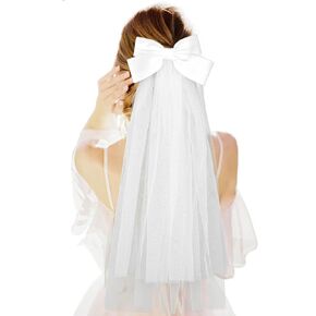 Woeoe Women Bride Wedding Veil White Bow Bridal Hair Clip Lace Bachelorette Party Headpiece for Bridal Shower Gift