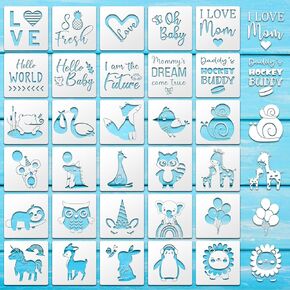 30 Pack Cute Baby Shower Stencils for Onesie Decorating Kit, Reusable Animal Themed Templates Shirt Fabric Stencils for Boy Girl Bodysuit Bibs Bags Shirts Shoes