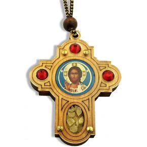 Needzo Christ the Teacher Wooden Cross Icon, Religious Orthodox Gifts, 2 ⅜ x 2 Inches with 7 ¼ Inch Rope