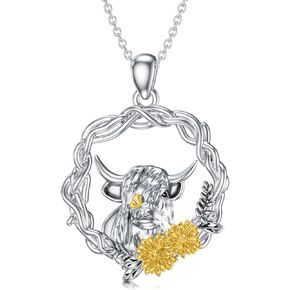 LONAGO Highland Cow Necklace Silver Cow Pendant Necklace with Sunflower Gift for Women Girl in Kuwait