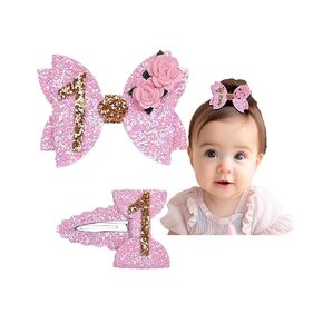 Glitter Birthday Pink Bow Flower Hair Clips Baby Girl 1stBirthday Bow Hair Barrettes Hair Accessories.(FJ107) (1st Baby Girls Hair Bow)