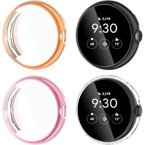 [4 Pack] Case for Google Pixel Watch Screen Protector, Soft TPU Full Around Protective Cover Bumper Google Pixel Watch Accessories (Black/Rose Gold/Rose Pink/Silver)