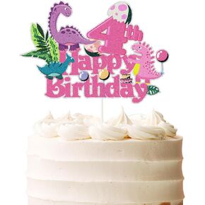 Pink Dinosaur Happy 2nd Birthday Cake Topper, Royal Princess Second Birthday Number 2 Girl Dinosaur Cake Pick,Dino Theme Baby Shower Kids Girls 2 Years Old Party Decorations