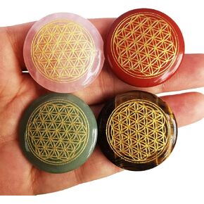 4 Pcs Flower of Life Symbol Polished Palm Stone for Reiki Crystal Healing Engraved Positive Energy Pocket Stone,Amethyst+Rose Quartz+Red Aventurine+Tiger's Eye